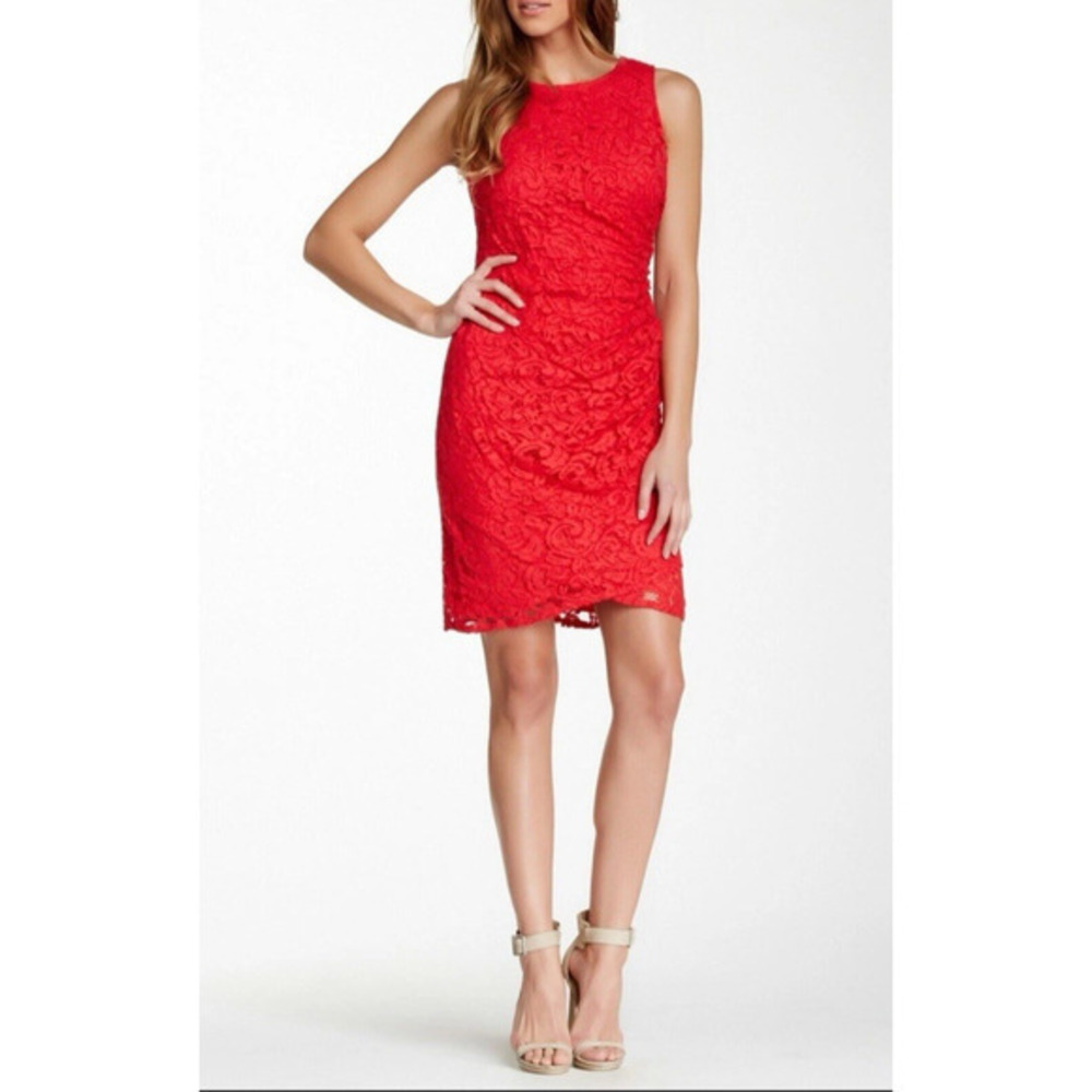NWT ADRIANNA PAPELL Dress 10 Red Lace Ruched Exposed Side Zip Stretch‎ Christmas